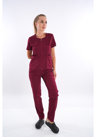 Bordo Lily Model Fermuarlı Soft Likra Doktor Hemşire Üniforma 001
