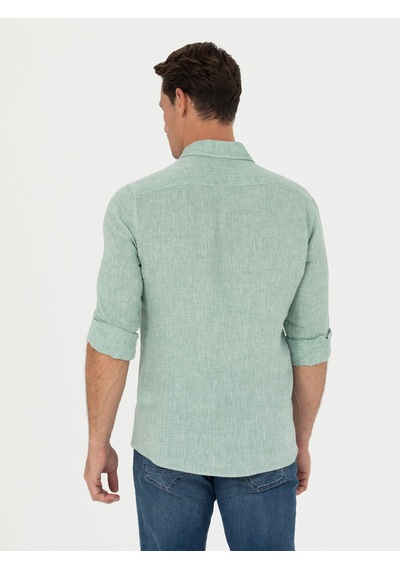 Cacharel Haki Slim Fit %100 Keten Gömlek Yeşil