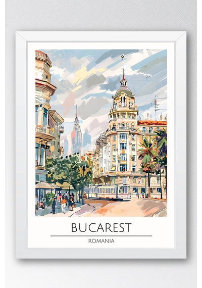 Romanya Bükreş Temalı Çerçeveli Tablo Travel Serisi Modern İllüstrasyon Şehir Duvar Dekoru Beyaz