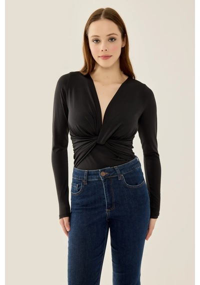 Hiccup V Yaka Uzun Kollu Slim Fit Bodysuit Siyah
