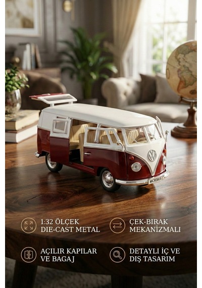 1:32 Ölçek Metal Çek Bırak Nostaljik Volkswagen T1 Minibüs Vosvos Oyuncak Araba - Bordo 13 Cm