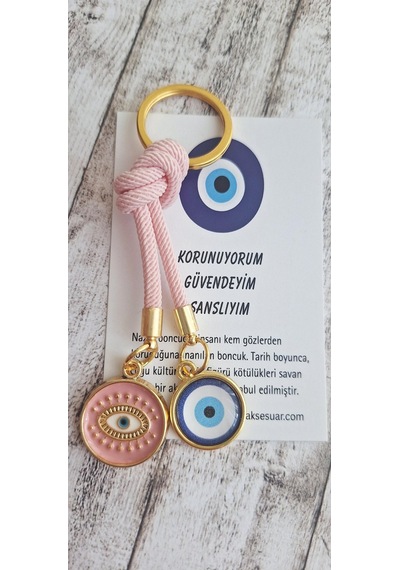 Hediyelik Vip Çift Nazar Boncuklu Ipli Anahtarlık - Çanta Süsü 10,5 Cm Pembe