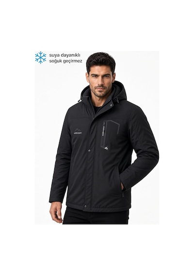 Oksit Tuc 2034 İçi Polar/kürk Astarlı Su İtici Termal Softshell Erkek Mont - Soğuk Geçirmez Spor Kaban Büyük Beden Erkek Mont Siyah