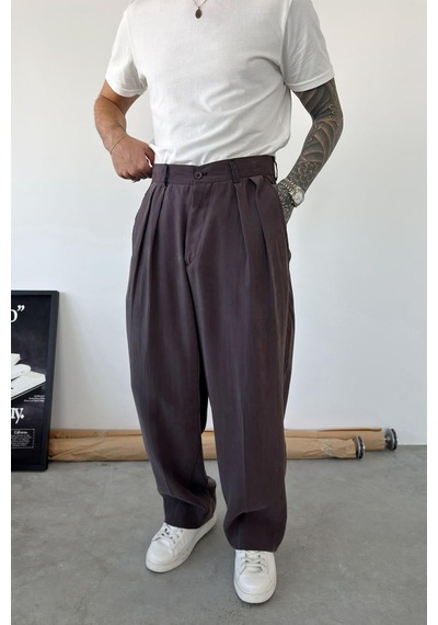 Kahverengi Pileli Modal Kumaş Baggy Pantolon Kahverengi