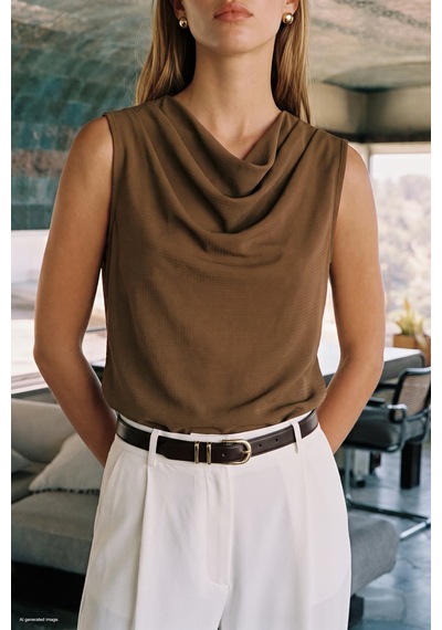 Sateen Desenli Degaje Yaka Bluz - Kahve-137892