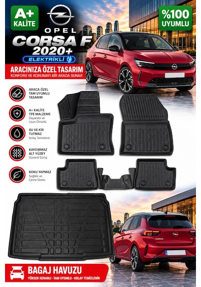 Opel Corsa F 2021 Model Elektrikli Havuzlu Paspas Takımı + Bagaj Havuzu -modx-