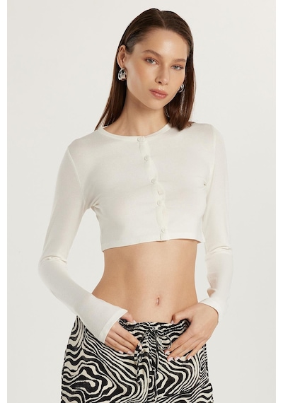 Tudors Kadın Slim Fit Dar Kesim Uzun Kollu Bisiklet Yaka Ekru Hırka-33819 Ekru