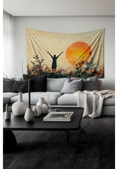 Gün Batımında Özgürlük Desenli Duvar Halısı Duvar Örtüsü Tapestry Süet Dokulu Kumaş