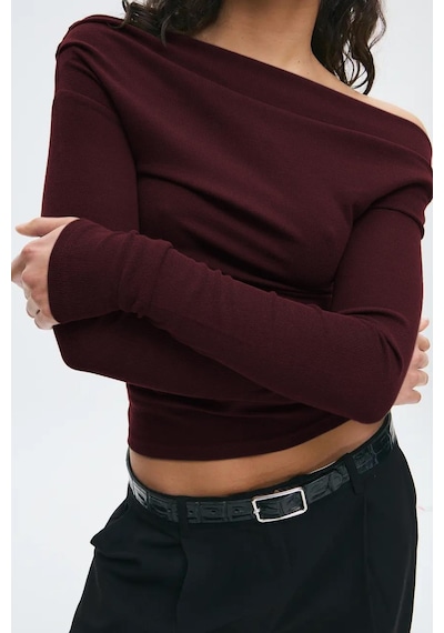 Madmext Bordo Kadın Off Shoulder Uzun Kollu Bluz Mg2567 Bordo