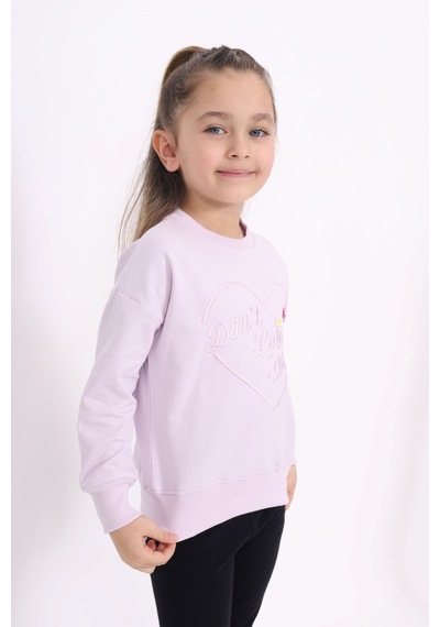 Toontoy Kız Çocuk Relax Fit Bisiklet Yaka Hafif Düşük Omuz Nakış Baskılı Sweatshirt - 2 İplik Açık Lila