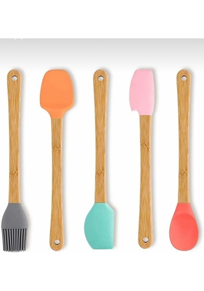 5 Li Renkli Bambu Saplı Silikon Küçük Boy Spatula Seti Kahverengi
