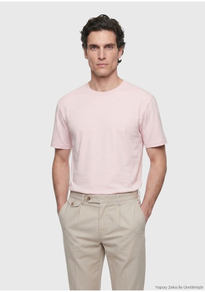 Ramsey Açık Pembe Düz Bisiklet Yaka %100 Pamuk T-shirt