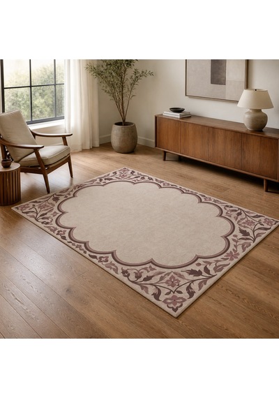Kartela Halı Bulut Çerçeveli Klasik Halı Gül Kurusu Kaymaz Taban Makinede Yıkanabilir 120x180 Cm