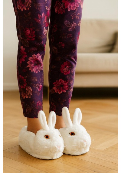 Modaonn Kadın Hayvanlı Kışlık Peluş Tavşan Panduf Ev Terliği Beyaz