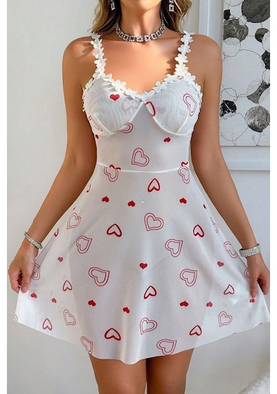 Bella Notte Romantik Kırmızı Kalp Baskılı Dantel Şeritli Gecelik