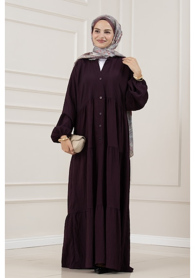 Sevitli Lilyum Kumaş Robalı Katya Elbise-mürdüm-5852
