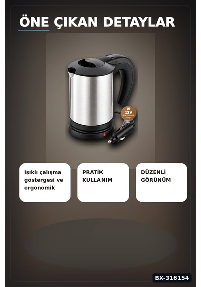 Araç İçi Su Isıtıcı Kettle 12v Çakmaklık Girişli Paslanmaz Çelik Termos Bx-316154