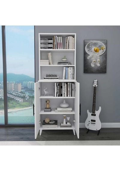 Reyo Home Enda Oras 6 Raflı 2 Kapaklı Klasik Kitaplık Beyaz