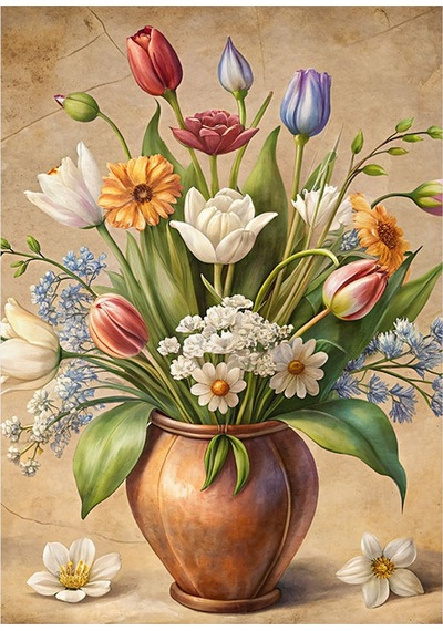 Seramik Vazodaki Çiçekler Model Ahşap Tablo 35cm X50cm