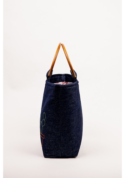 Fabric Craft Bag El Çantası Kot Kumaş Ahşap Saplı Kaktüs Nakışlı İçi Astarlı Mıknatıslı 38x30 Cm Kot Lacivert