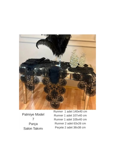 Salon Takımı 7 Parça Keten Runner Seti Çeyizlik Palmiye Model Siyah Masa Örtüsü Çok Renkli