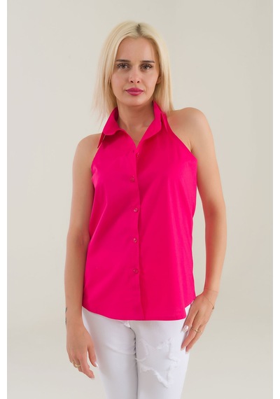 Bold & Young Kadın Fuşya Kolsuz Omuz Açık Likralı Poplin Gömlek 9208 Fuşya