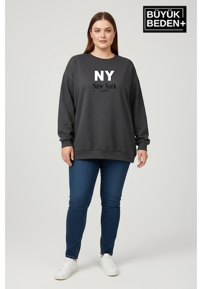 Süperlife Kadın Büyük Beden Ny Newyork Baskılı Bisiklet Yaka İnce Sweatshirt Spr26bswk956-15 Antrasit