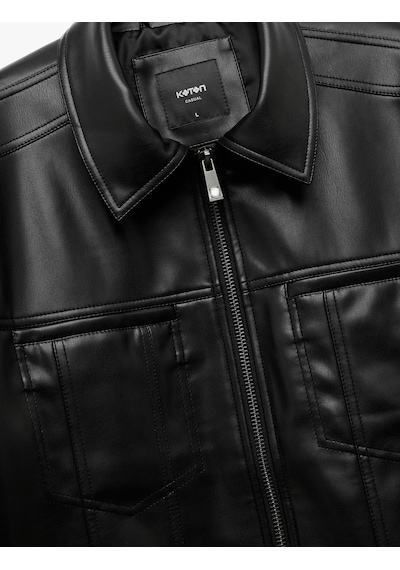 Koton Slim Fit Gömlek Yaka Fermuarlı Cepli Suni Deri Ceket Siyah 7wam20079hw
