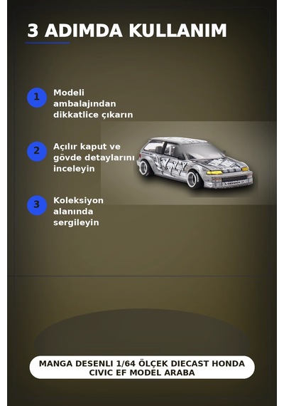 Manga Desenli 1/64 Ölçek Diecast Honda Civic Ef Model Araba - Tekli Rastgele Paket Bx-313375