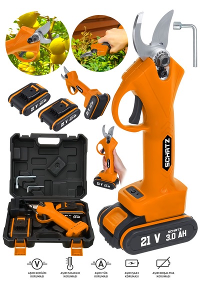 Schatz 21v Çift Akülü 30mm Çelik Şanzıman Şarjlı Dal Ağaç Kesme Bağ Budama Makası T884146