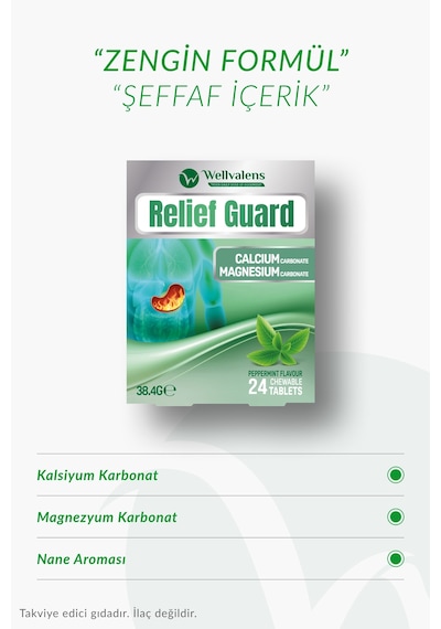 Relief Guard Çiğnenebilir Tablet Nane Aromalı Kalsiyum Karbonat Magnezyum Karbonat 24 Adet