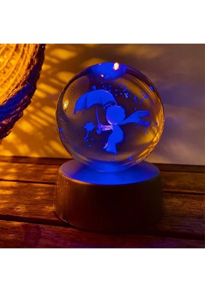 Küçük Prens 3d Renkli Işıklı Cam Küre Ve Lotus Kolye Hediyeli