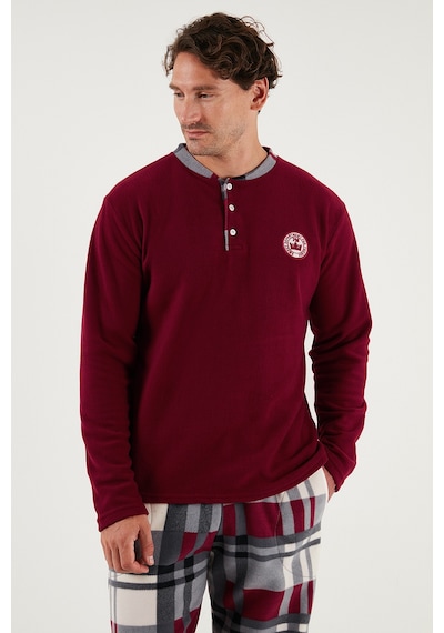 Buratti Ekoseli Regular Fit Düğmeli Bisiklet Yaka Kışlık Polar Erkek Pijama Takımı 60961008 Bordo