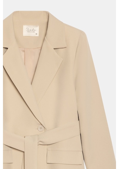 Sââde Kadın Tek Düğmeli Dokuma Kruvaze Blazer Ceket - Kuşaklı Bej