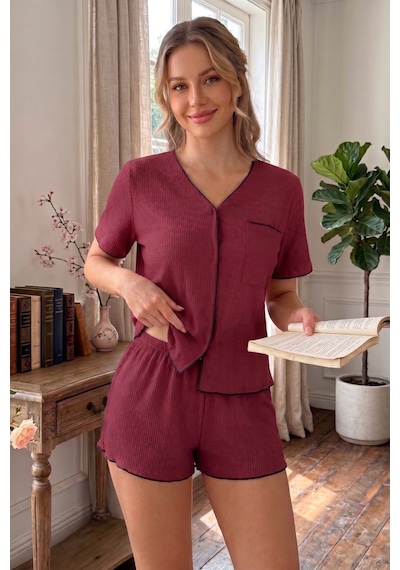 Bella Notte Bordo Kısa Kollu V Yaka Biye Detaylı Pijama Takımı