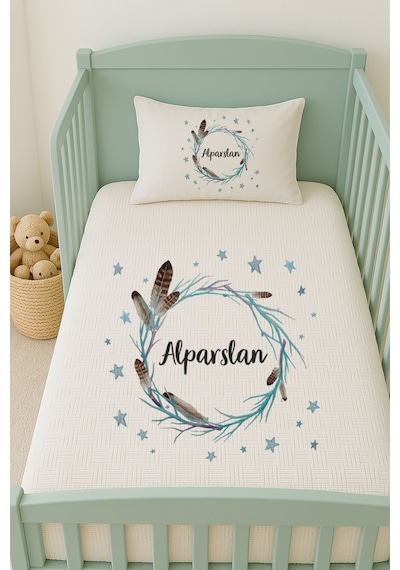 %100 Pamuk İsme Özel İsimli 100x150 Cm Pike Seti Kuş Tüyü Çemberi