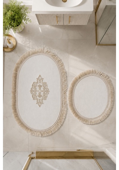 Pudra 2'li Dantelli Kaymaz Deri Tabanlı Oval Banyo Paspası Püsküllü Yıkanabilir Banyo Takımı Simela Beyaz