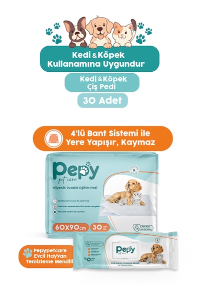 Pepy Kedi Ve Köpek Kullanımına Uygun Çiş Pedi Yatak Koruyucu 60x90cm + Evcil Hayvan Temizleme Mendili