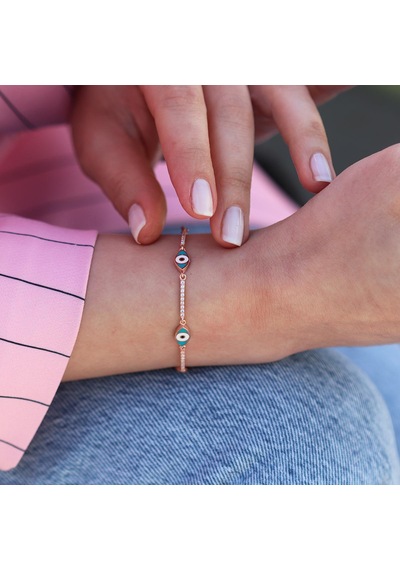 Zirkon Taşlı Mavi Mine İşli Göz Modeli Rose Gold Kaplama Gümüş Bileklik Gümüş