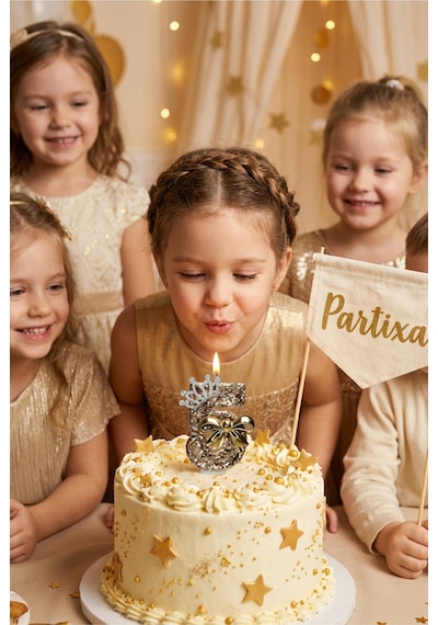 Taç Ve Fiyonk Detaylı Gold Simli Rakam Mum Doğum Günü Pasta Süsü