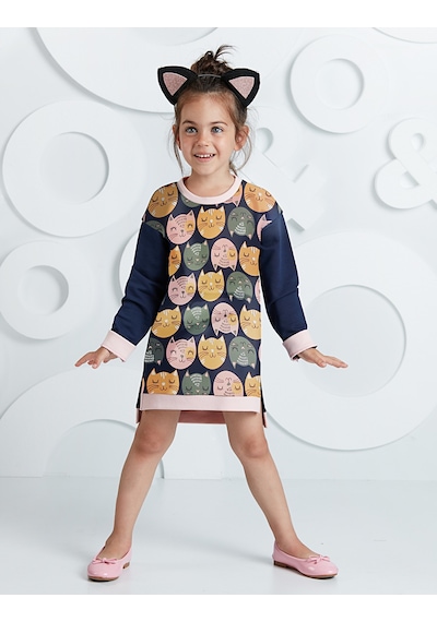 Denokids - Kediler Kız Çocuk Lacivert Uzun Kollu Elbise