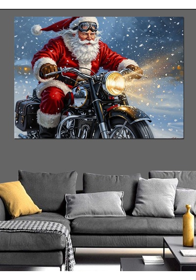 Motosiklet Süren Noel Baba Figürü Dekoratif Kanvas - Mdf Ahşap Tablo