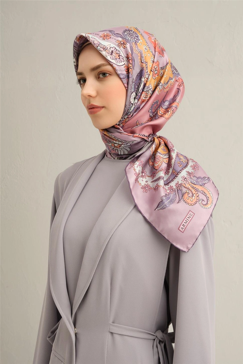 Armine Etnik Desenli Saf İpek Twill Eşarp 9338d 53 Lila