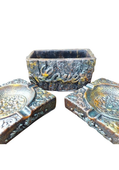 El Yapımı Vintage Eskitme Dekoratif Küllük Ve Kalemlik Seti Kabartma Desenli Bronz, Mavi Ve Altın Efektli Tasarım