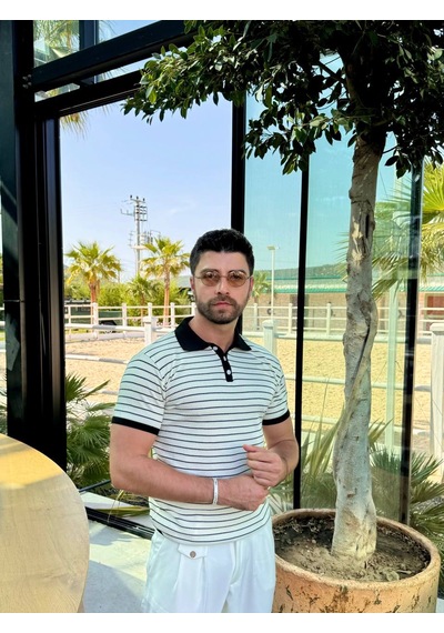 Erkek Polo Yaka Tişört Siyah Yakalı Beyaz Bej - Siyah