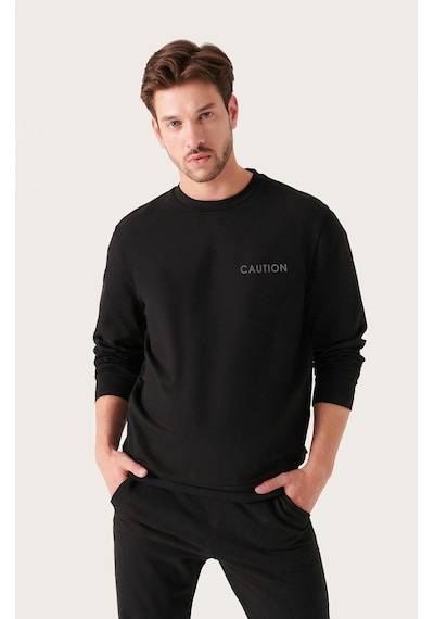Erkek Siyah Oversize Caution Baskılı Bisiklet Yaka Sweatshirt Siyah