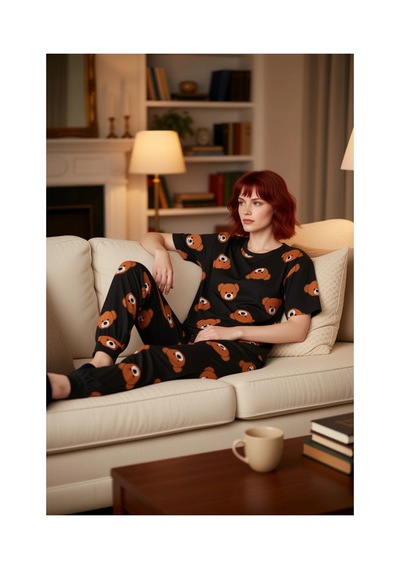 Ersefa Kadın Ayıcık Desenli Lounge Pijama Takımı Fonksiyonel Dayanıklı K Antrasit