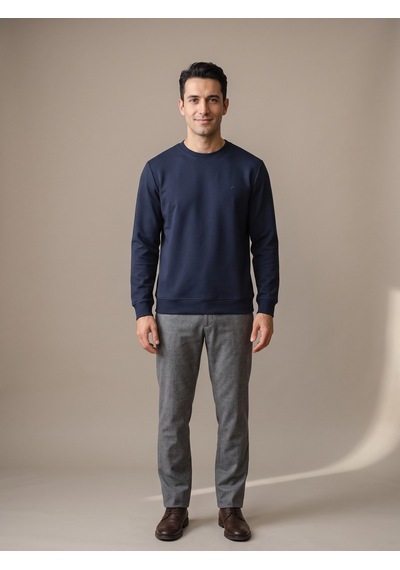 Maccali Erkek Lacivert İki İplik Bisiklet Yaka Sweatshirt