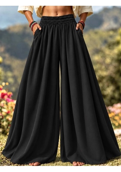 Defymoda Yüksek Belli Lastikli Geniş Paçalı Etek Pantolon Siyah