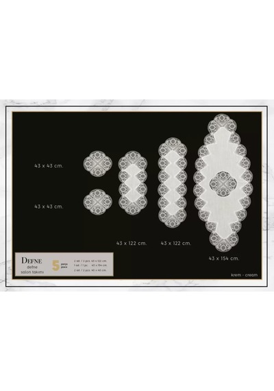 Salon Takımı 5 Parça Keten Dantelli Masa Örtüsü Runner Seti Defne Model No 9385 -krem-krem